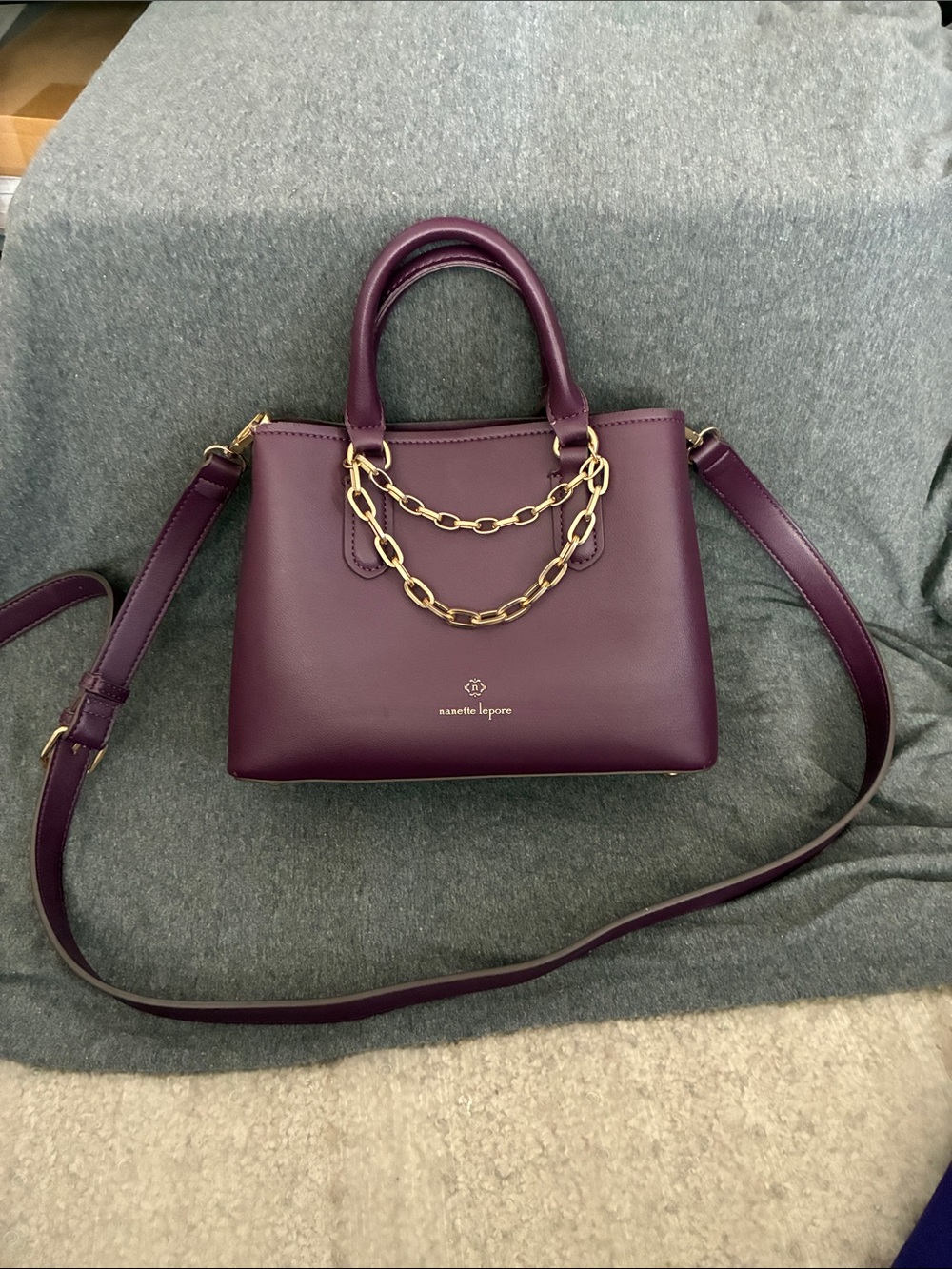 Nanette Lepore Plum Purple Leather Satchel with Gold Chain